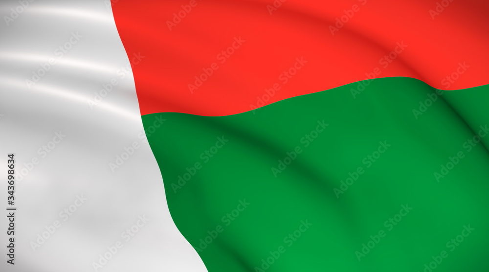 Obraz premium Madagascar National Flag (Malagasy flag) - waving background illustration. Highly detailed realistic 3D rendering