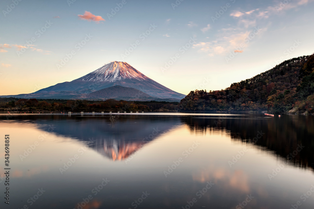 Fuji mountain Reflection in Shojiko Lake in Autumn Sunset, Yamanashi, Japan