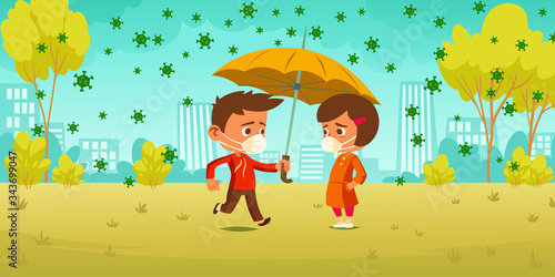 Compassion during coronavirus pandemic. Little boy cover girl in medical mask with umbrella protect from covid19 cells rain falling down from sky. Children walking in park cartoon vector illustration