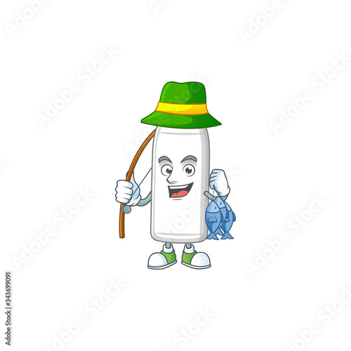 A Picture of milk bottle fisher mascot design catch a fish