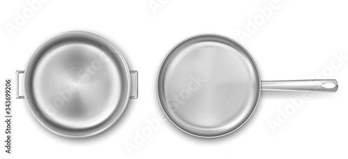 Metal cooking pot and frying pan top view. Vector realistic mockup of empty steel saucepan and skillet. Stainless casserole with handles isolated on white background