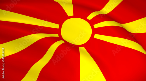 North Macedonia National Flag (Macedonian flag) - Waving background illustration. Highly detailed realistic 3D rendering