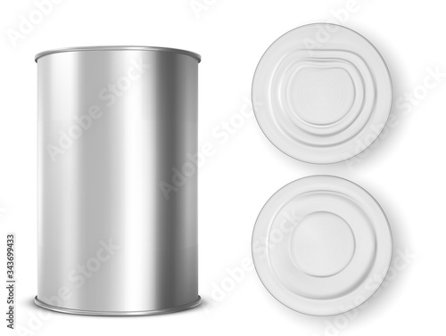 Metal tin can for food front, top and bottom view. Vector realistic mockup of blank aluminum container, round steel pack for soup, milk, beans or meat isolated on white background