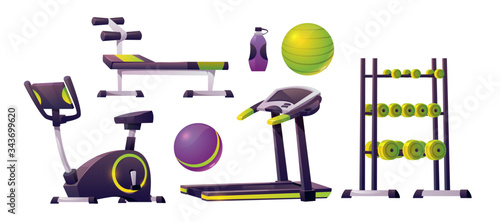 Gym equipment for workout, fitness and sport. Vector cartoon set for strength training, running track, exercise bike, bench, fitness balls, dumbbells and bottle for water or sport nutrition