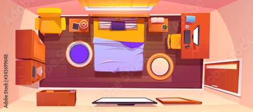 Bedroom interior top view. Vector cartoon empty sleeping room with king size bed, tv and mirror on wall, workspace with desk and computer, bookshelf, chair, wardrobe and nightstands