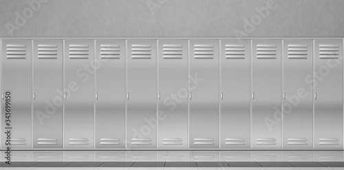 Steel lockers in school corridor or changing room in gym. Vector realistic interior with individual metal cabinets with closed doors in sport or fitness club. Security storage in public room