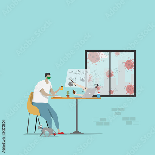 student watch online lesson and make lecture via laptop at home. homeschooling , e-learning education during self isolation to avoid spreading illness transmission of COVID-19 Coronavirus pandemic.