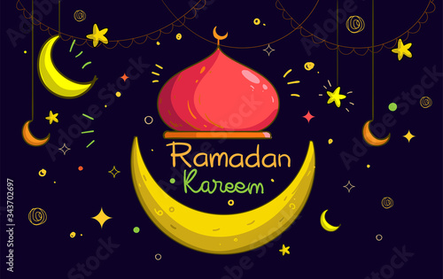 Hand drawn of mosque and crescent for ramadan greetings card with colorful and doodle Background. Vector Illustration