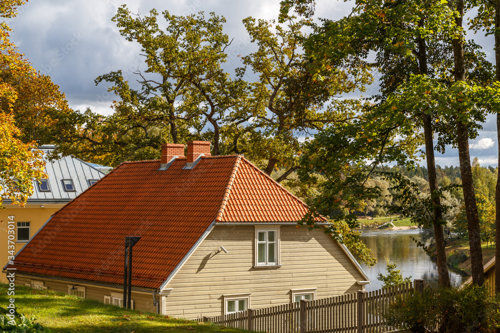 Typical wooden house in Valmiera town, Latvia