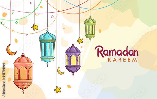 Hand drawn Sketch of lantern for ramadan greetings card with watercolor Background. Vector Illustration