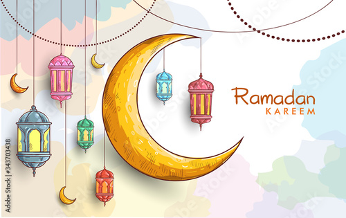 Hand drawn Sketch of lantern for ramadan greetings card with watercolor Background. Vector Illustration