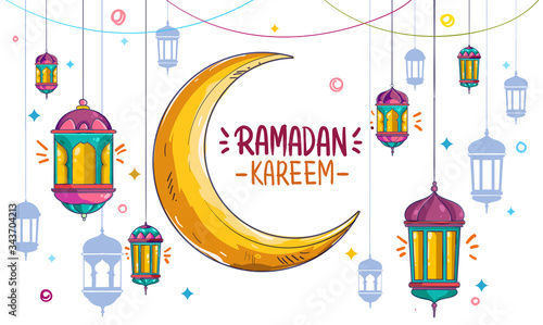 Hand drawn of lantern and crescent for ramadan greetings card with colorful and doodle Background. Vector Illustration.