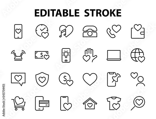  The set of icons about love contains such icons as love of music, declaration of love, heart, favorite home, Linear set. Vector on a white background. Editable stroke. 480x480