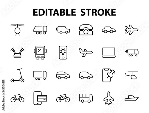 Set of public transport related vector line icons. Contains icons such as bus, bike, suitcase, car, scooter, truck, transport, trolley bus, sailboat, motor boat, plane and much more. Editable stroke.