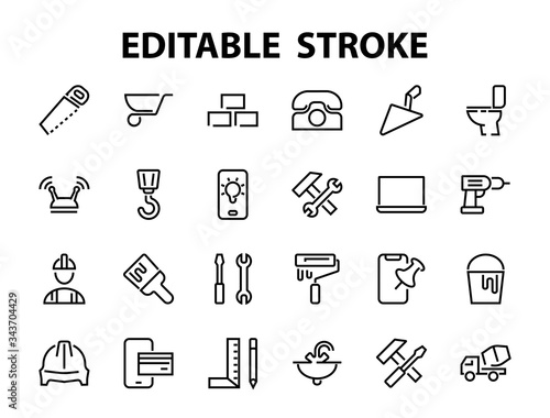 Set of construction icons, simple vector lines, contains the following icons: builder, roller, hammer with wrench, toilet bowl and much more. Editable stroke. 48x48 pixels perfect, white background