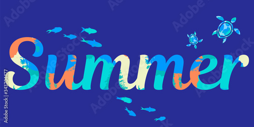 illustration with abstract tropical sea fishes, turtles and summer lettering