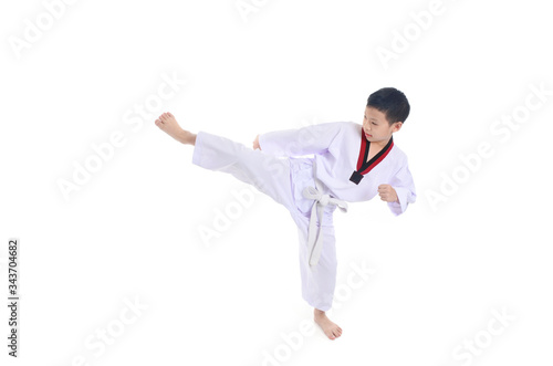 asian boy play Taegwondo on the white background