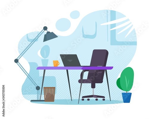 Home office interior workplace with table desk empty or desktop work place room with laptop computer with nobody front view vector flat cartoon illustration modern colorful work space design