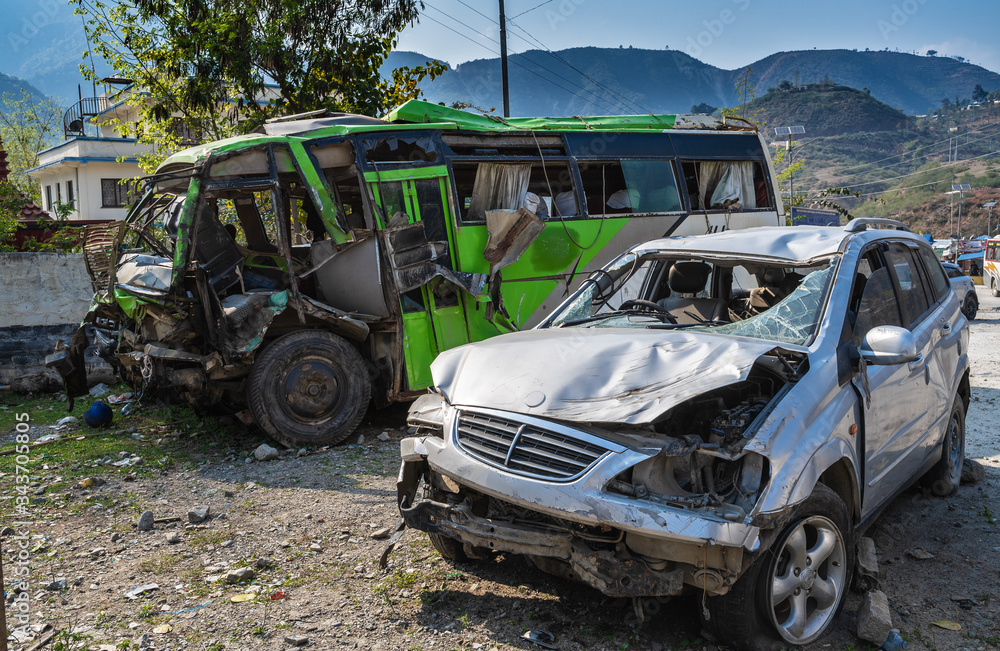 Parking of cars that were badly damaged as a result of accidents on mountain roads, falling into the abyss, collisions, falling under a rockfall.