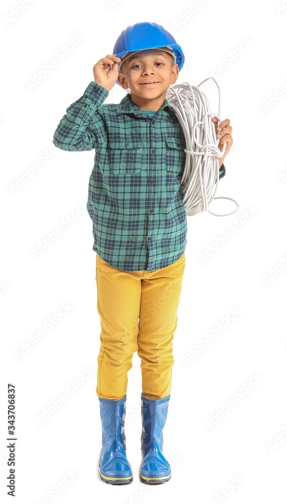 Little African-American electrician on white background Little African-American electrician on white background