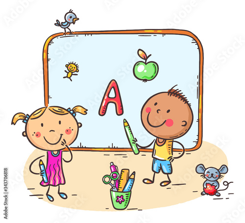 Kids writing on board, learning letters, you can insert your own image into the frame