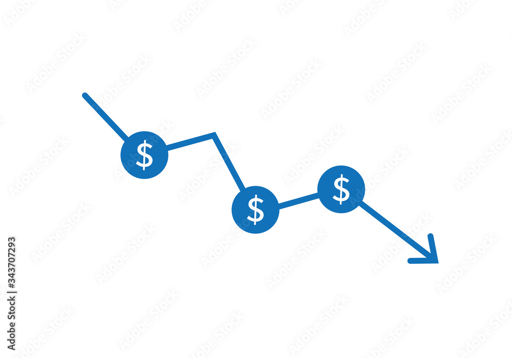 Dollar rate decrease vector line icon. Money symbol with down arrow. Lower cost icon. Financial crisis vector icon, Lower cost icon, Business lost crisis decrease vector illustration. Editable stroke. Dollar rate decrease vector line icon. Money symbol with down arrow. Lower cost icon. Financial crisis vector icon, Lower cost icon, Business lost crisis decrease vector illustration. Editable stroke.