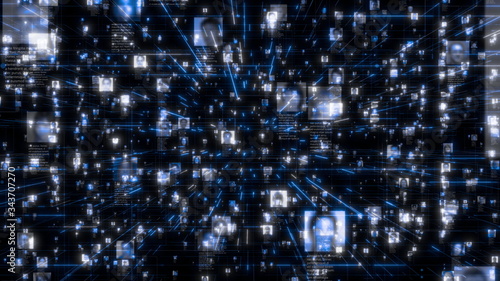 Social network as a flow of bright people portraits moving along dark blue network connections. Business, technology or social media motion background. 3D rendering video