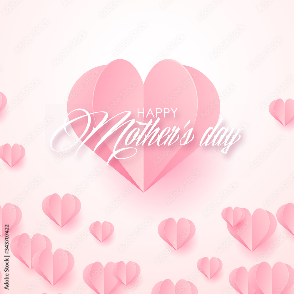 Happy Mother's Day card with flying paper pink hearts. Vector illustration.