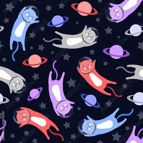 Cartoon cats astronauts. Cats fly among planets and stars. Space cats seamless pattern. Isolated vector illustration.