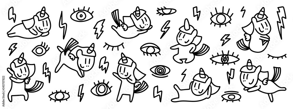 Fototapeta premium Cute hand drawn doodle vector set, Unicorn, eyes , Thunder, bolt, Kids and baby creative design vector collection.