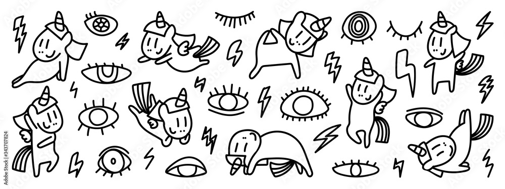 Cute hand drawn doodle vector set, Unicorn, eyes , Thunder, bolt, Kids and baby creative design vector collection.