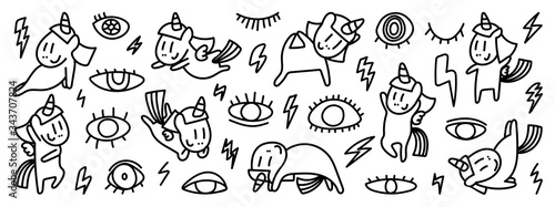 Cute hand drawn doodle vector set  Unicorn  eyes   Thunder  bolt  Kids and baby creative design vector collection.