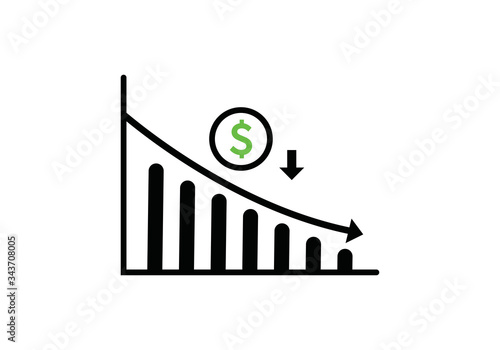 Dollar rate decrease vector line icon. Money symbol with down arrow. Lower cost icon. Financial crisis vector icon, Lower cost icon, Business lost crisis decrease vector illustration. Editable stroke.
