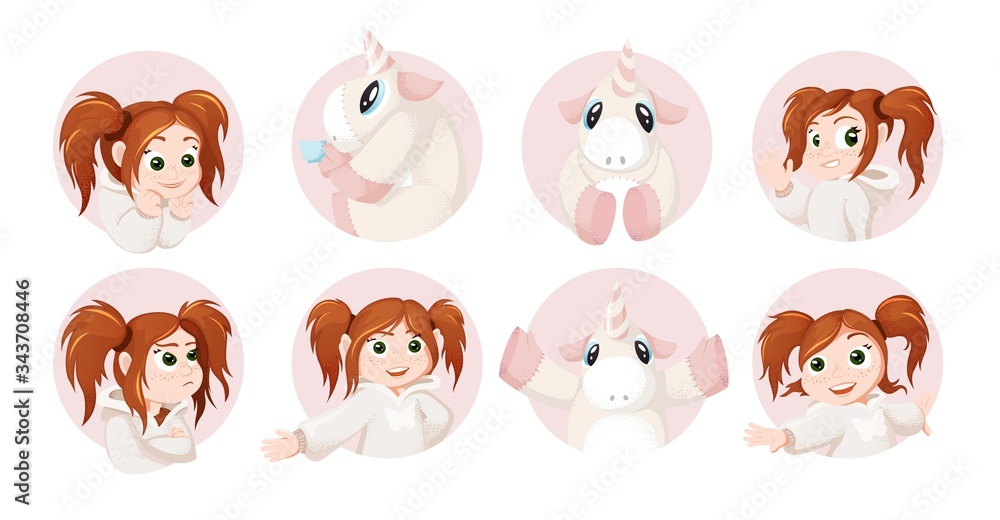 Set of hand drawn cartoon style elements, girls and unicorns collection Set of hand drawn cartoon style elements, girls and unicorns collection