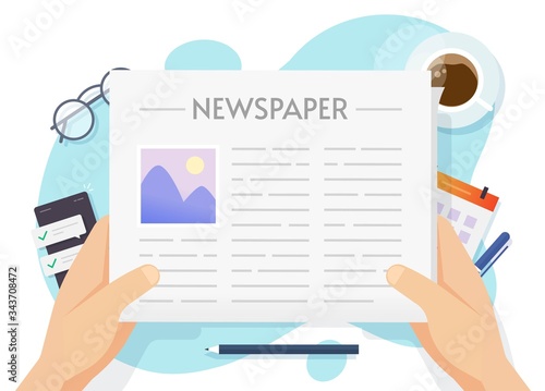 News paper or newspaper reading and holding man human hands above workplace table desk top view vector flat cartoon illustration, concept of daily news press read in coffee break or breakfast time