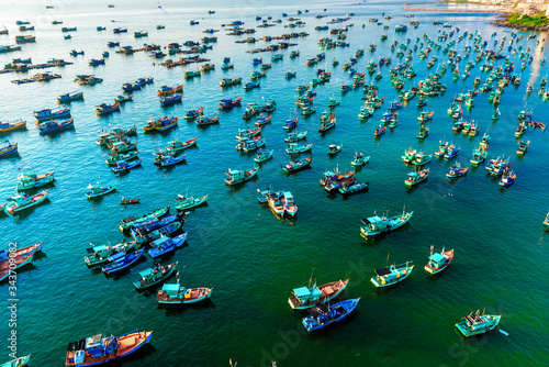 many multi-colored, beautiful ships in the sea. view from above