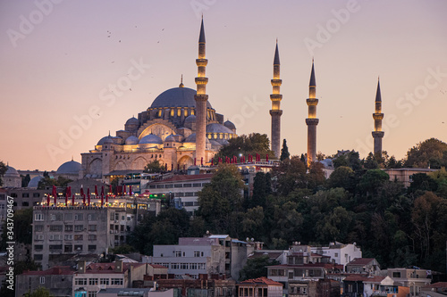 Historic Suleymaniye Mosque Illuminated Vibrantly on a Hill in Istanbul's Old City at Dusk - Istanbul, Turkey