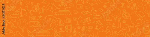 Travel and vacation orange background. Summer tourism seamless pattern. Outline vector illustration.