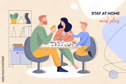 Leaflet layout with the concept of family time and social distance. Family playing a board game flat vector illustration