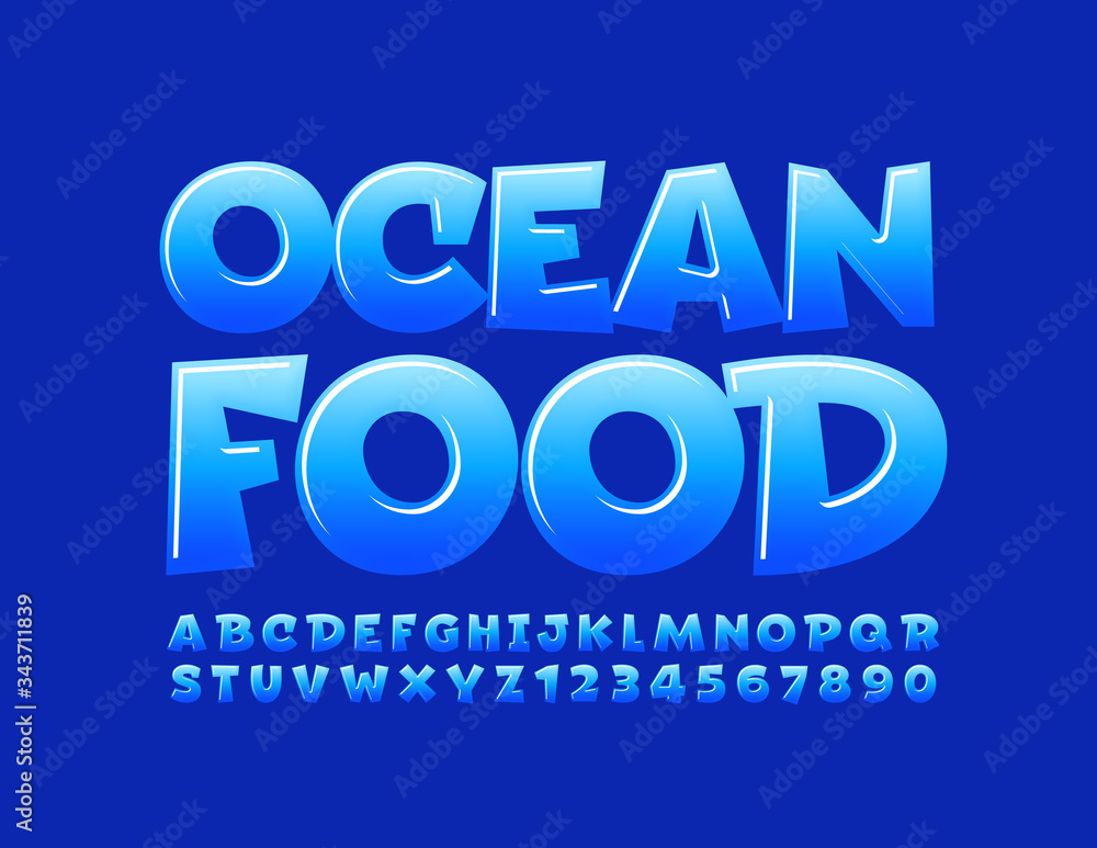 Vector creative sign Ocean Food with Blue Glossy Font. Modern Alphabet Letters and Numbers