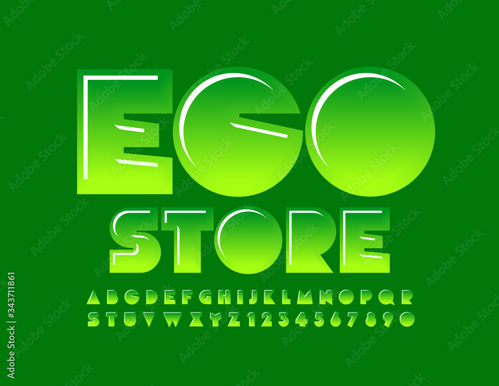 Vector creative banner Eco Store with Green Glossy Font. Trendy Alphabet Letters and Numbers Vector creative banner Eco Store with Green Glossy Font. Trendy Alphabet Letters and Numbers