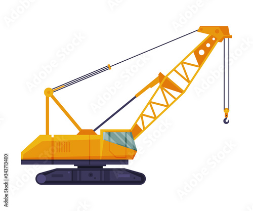 Crawler Construction Crane, Heavy Cargo Transportation Service Vehicle Flat Vector Illustration