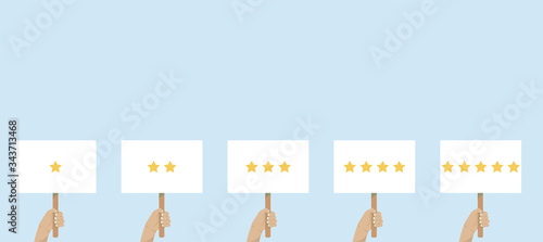 Hand holding banner, customer reviews rating. People give a review rating and feedback. The best estimate of performance, the score of five stars Vector flat cartoon illustration for web