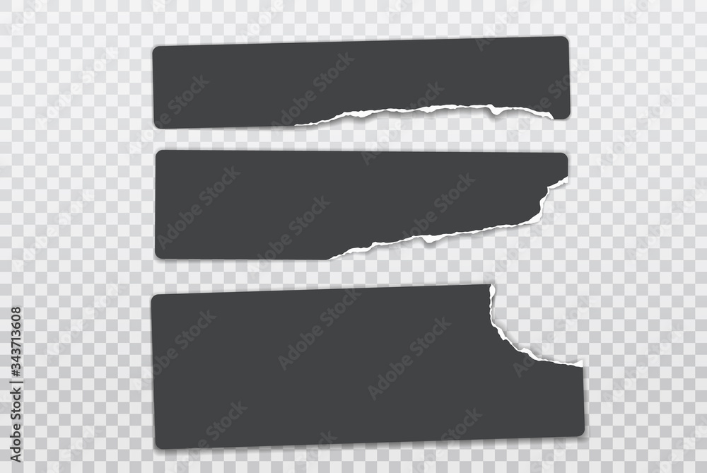 Torn, ripped pieces of horizontal black sticky note paper with soft shadow are on squared white background for text. Vector illustration Torn, ripped pieces of horizontal black sticky note paper with soft shadow are on squared white background for text. Vector illustration