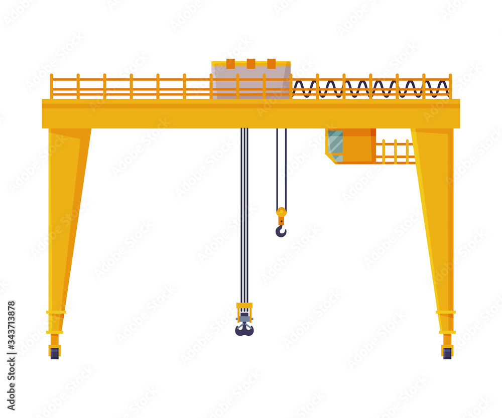 Industrial Port Cargo Harbor Yellow Crane Elevating Equipment Flat Vector Illustration Industrial Port Cargo Harbor Yellow Crane Elevating Equipment Flat Vector Illustration