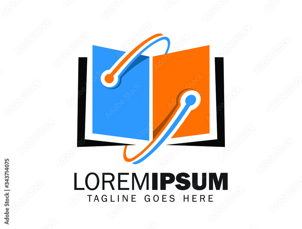A company logo vector with an opened book with technology symbols added in blue and orange color A company logo vector with an opened book with technology symbols added in blue and orange color
