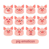 Vector Pink Piggy emoticon set. Cartoon illustration for Christmas card, prints, calendar, sticker, invitation, baby shower, children clothes, posters