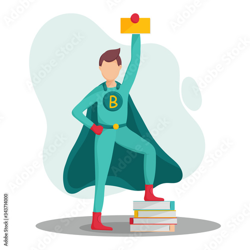 Superhero holds a book in his hand. World Book Day or book week concept. Flat vector illustration.