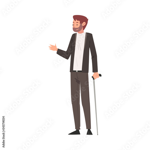 Disabled Young Man Standing with Walking Cane Vector Illustration