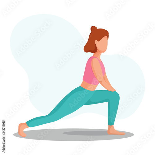 Young  woman in sportswear stretching and doing fitness exercise. Flat vector illustration.